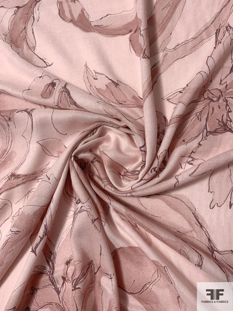 Romantic Watercolor Floral Printed Viscose Challis - Light Dusty Rose