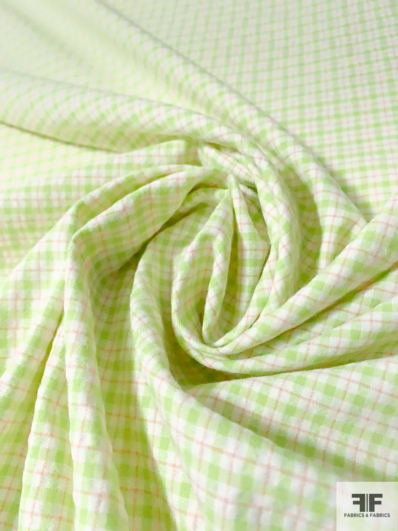 Gingham Yarn-Dyed Stretch Cotton Shirting - Lime / White / Pink