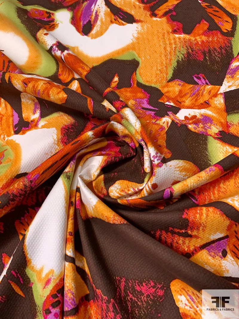 Floral Metamorphasis Printed Stretch Cotton Pique - Brown / Orange / Magenta / Green