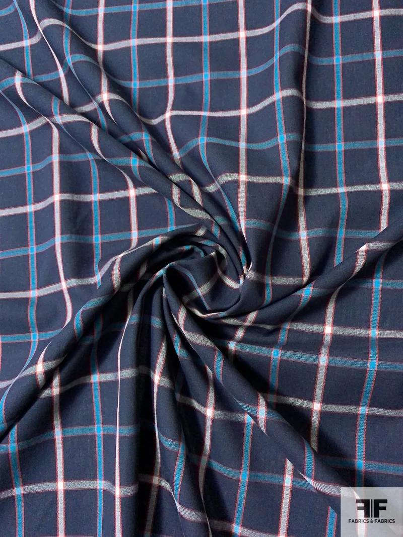 Plaid Yarn-Dyed Cotton Shirting - Navy / Turquoise / White / Red
