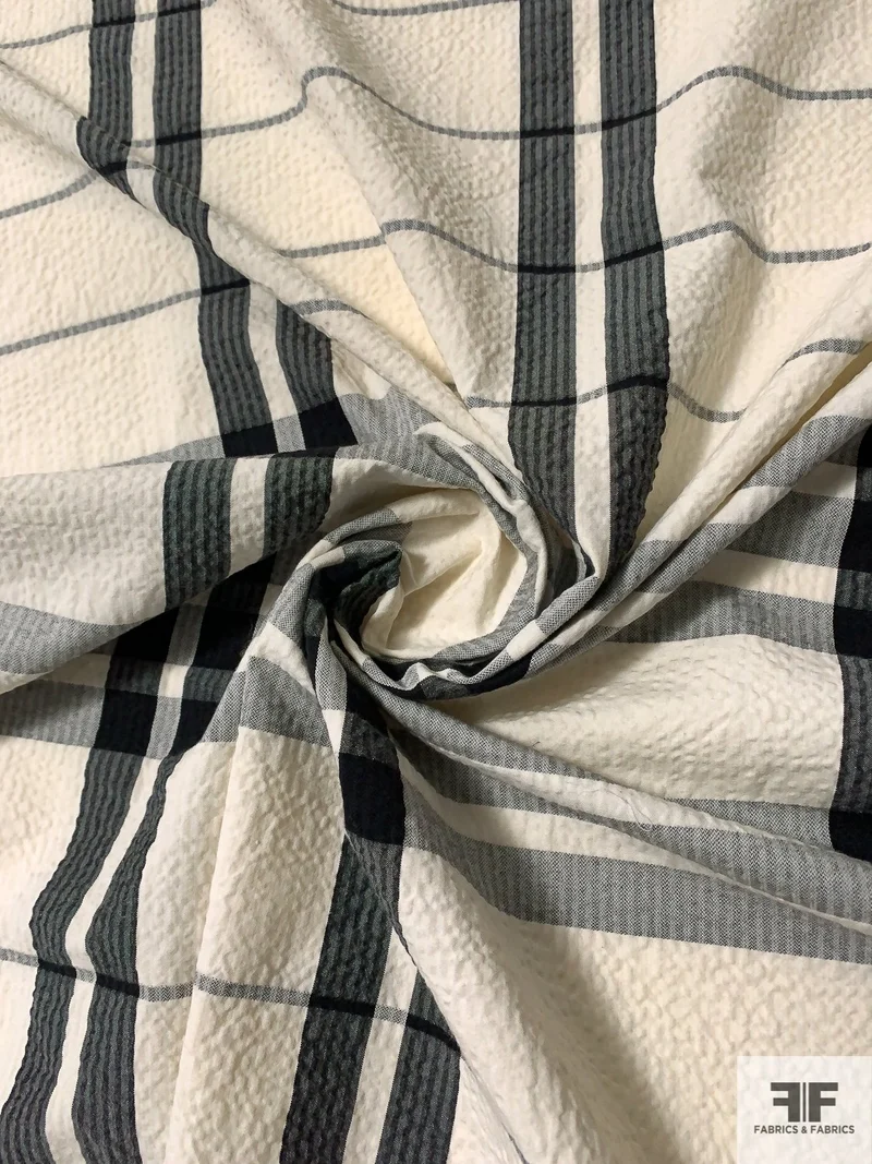 Largescale Plaid Seersucker Cotton Shirting - Black / Cream