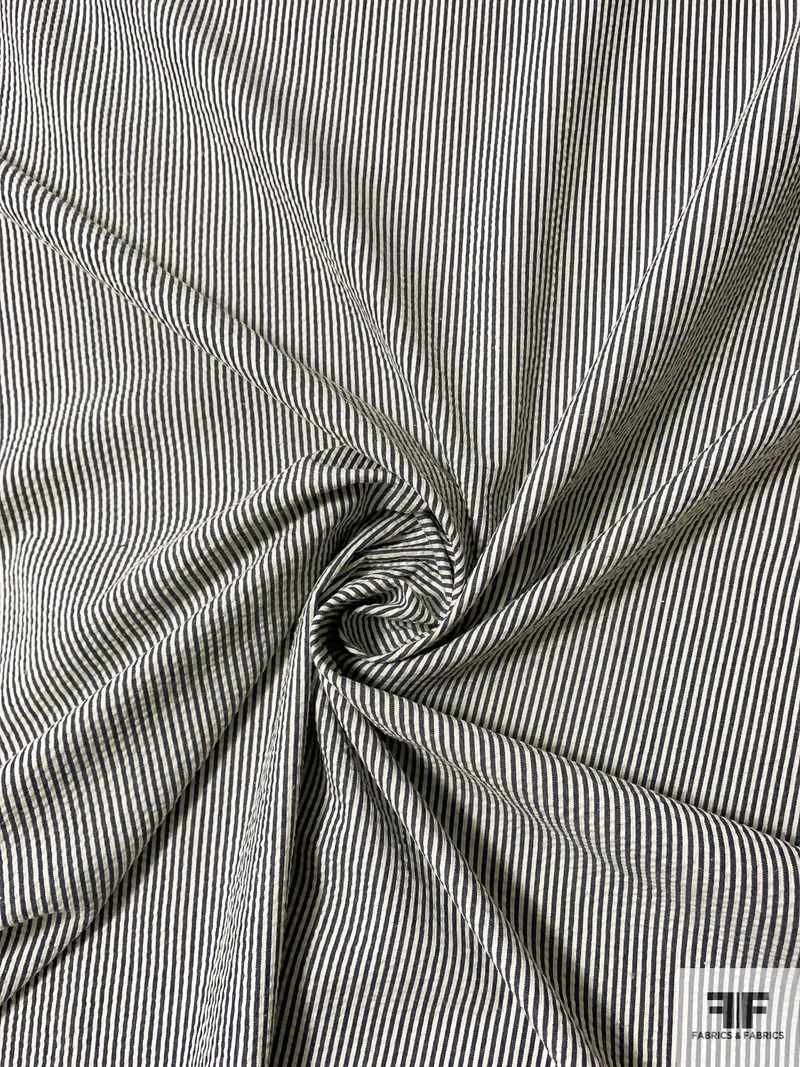 Textured Vertical Striped Seersucker Cotton Shirting - Navy / Off-White