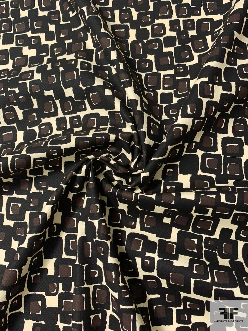 Bubbly Squares Printed Fine Stretch Cotton Pique - Black / Brown / Cream
