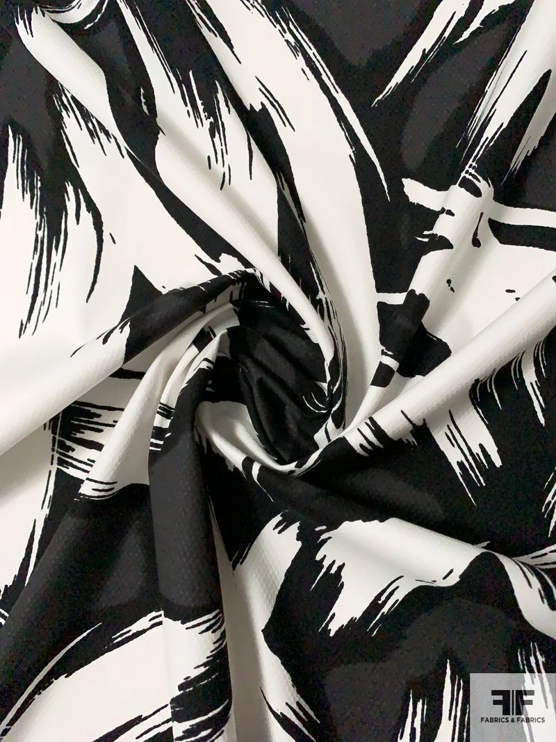 Leafy Brushstroke Printed Stretch Cotton Pique - Black / White / Grey