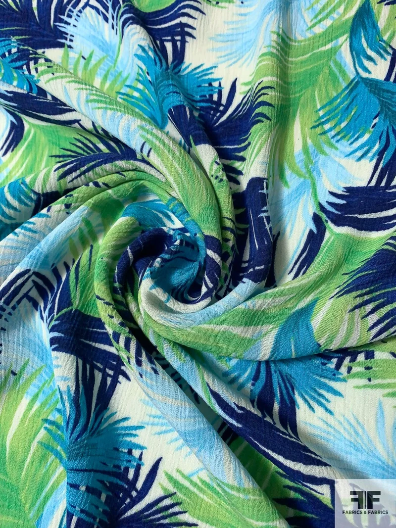 Tropical Leaf Printed Crinkled Rayon Challis Gauze - Royal Blue / Turquoise / Green / Off-White