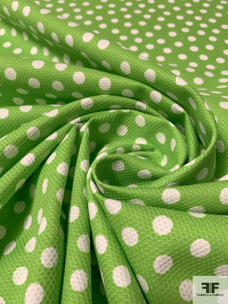 Polka Dot Printed Stretch Cotton Pique - Green / White