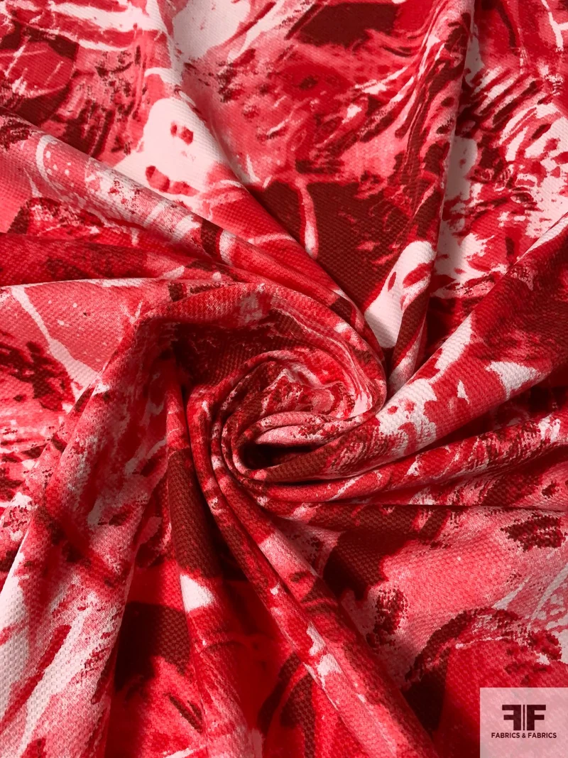 Painterly Floral Printed Stretch Cotton Pique - Red / Pink-Rose / White