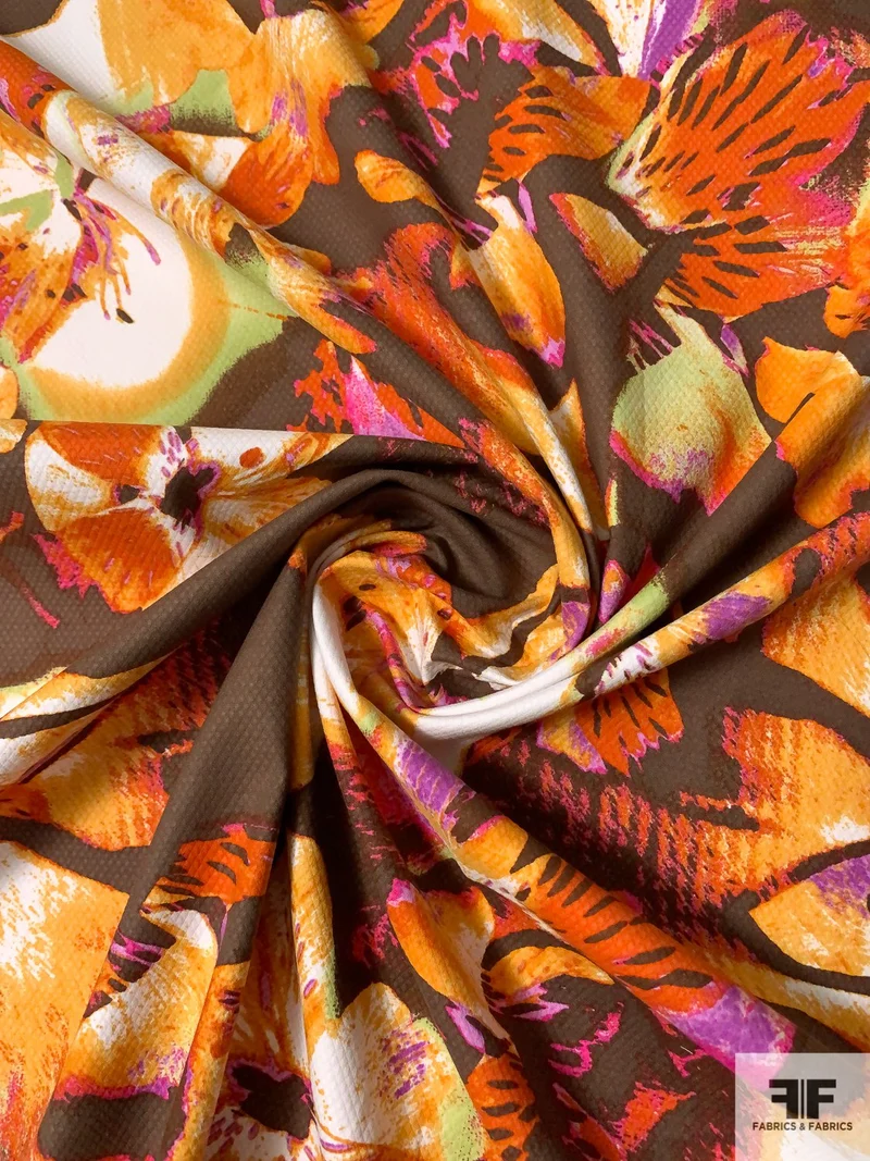 Floral Metamorphasis Printed Stretch Cotton Pique - Brown / Orange / Magenta / Green
