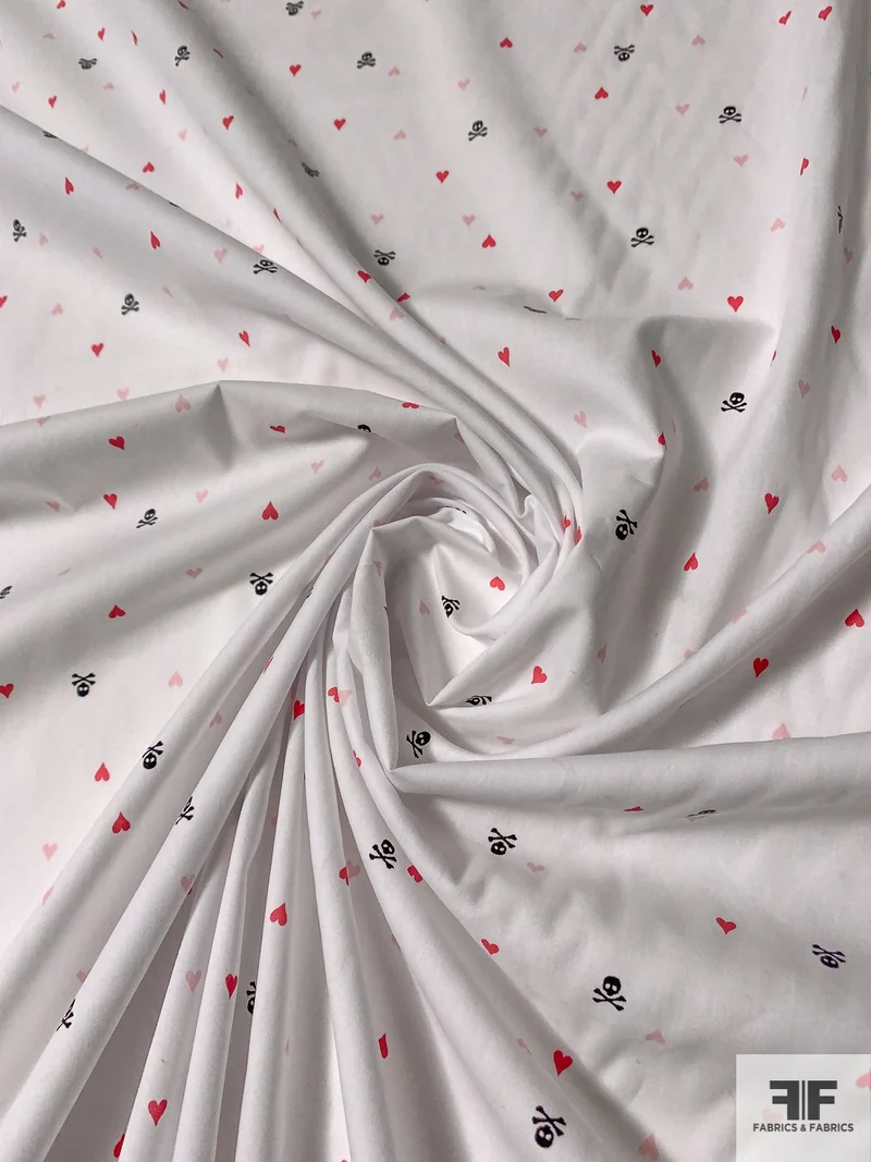 Ditsy Hearts and Skulls Printed Cotton Poplin-Lawn - White / Berry Pink / Black