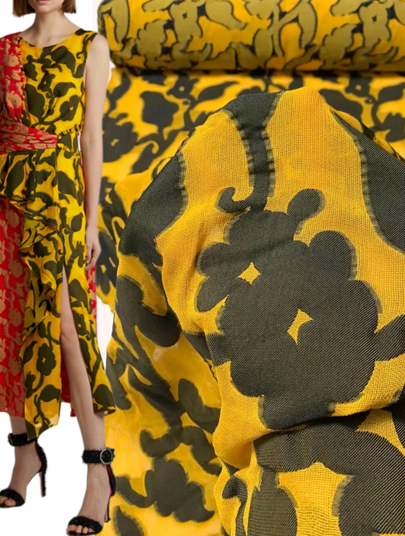 Italian Prabal Gurung Floral Silhouette Fil Coupé Novelty Gauze - Golden Yellow / Black