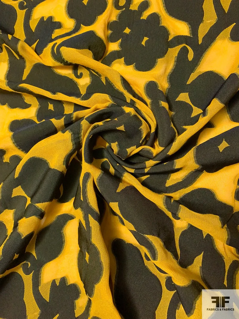 Italian Prabal Gurung Floral Silhouette Fil Coupé Novelty Gauze - Golden Yellow / Black