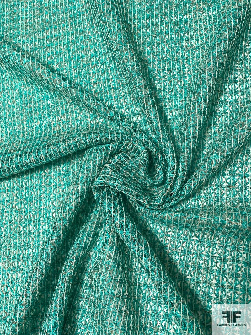 Italian Open Weave Pattern Rayon-Cotton Blend Novelty - Turquoise / White / Navy