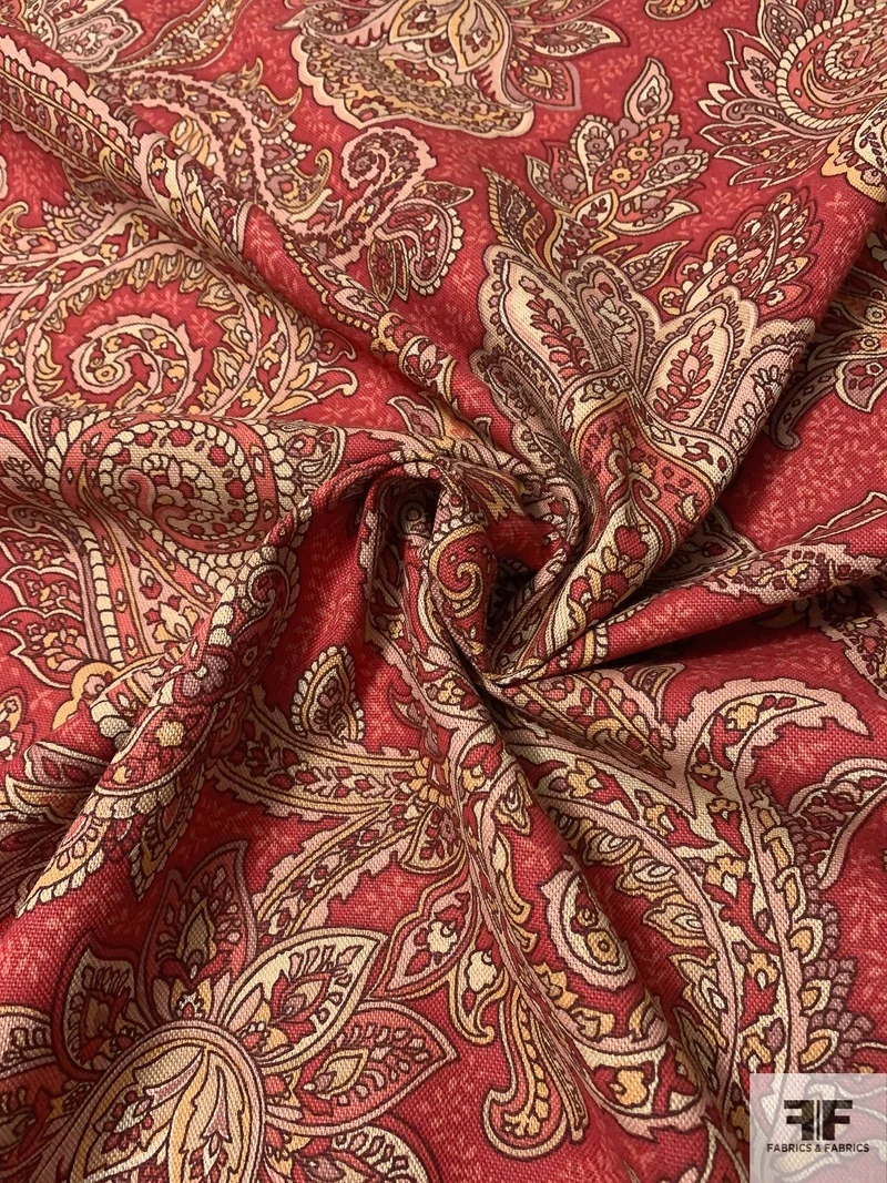 Ornate Paisley Printed Cotton-Linen - Cranberry / Tans / Yellow