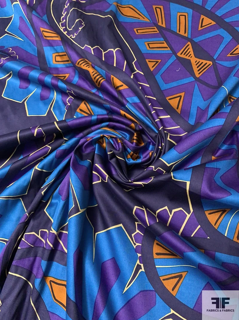 Large-Scale Jagged Paisley Printed Stretch Cotton Sateen Poplin - Turquoise / Eggplant / Purple / Eggnog