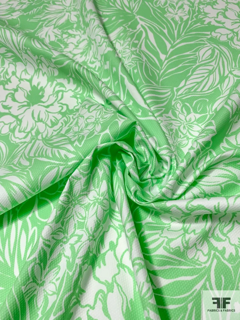 Tropical Leaf and Floral Printed Stretch Cotton Pique - Summer Green / White