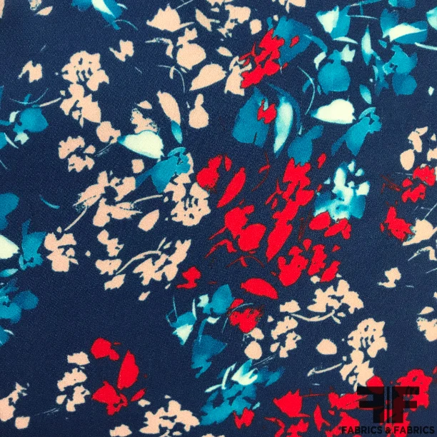 Floral Printed Silk Georgette - Blue/White/Red