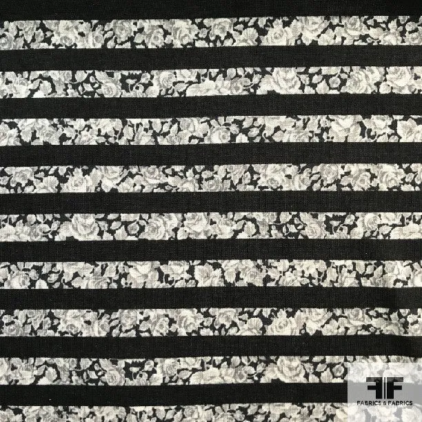 Italian Floral Striped Printed Stretch Rayon Jersey Knit - Grey/Black