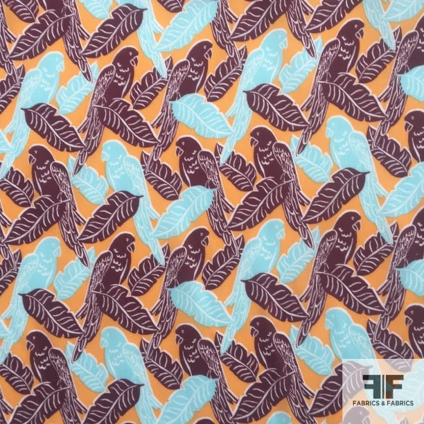 Tropical Parrot and Leaf Printed Silk Georgette - Maroon / Orange / Tiffany Blue