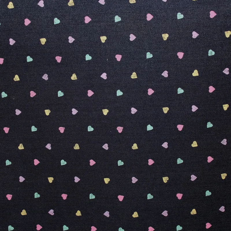 Pastel Heart Print Cotton Denim - Multicolor