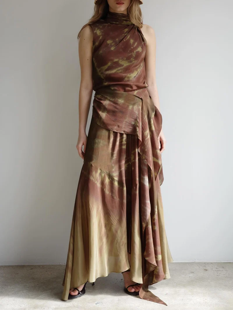 Brown Ombre Tie-Dye Satin Two-Piece Set