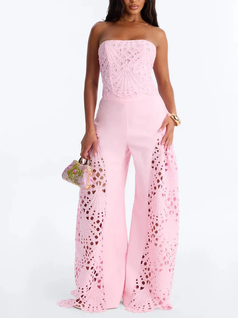 Lace Cutout Strapless Flare Pants Two-Piece Set