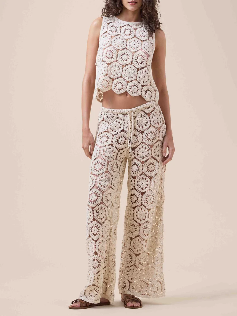 Bohemian Crochet Cutout Top & Wide-Leg Pants Two-Piece Set