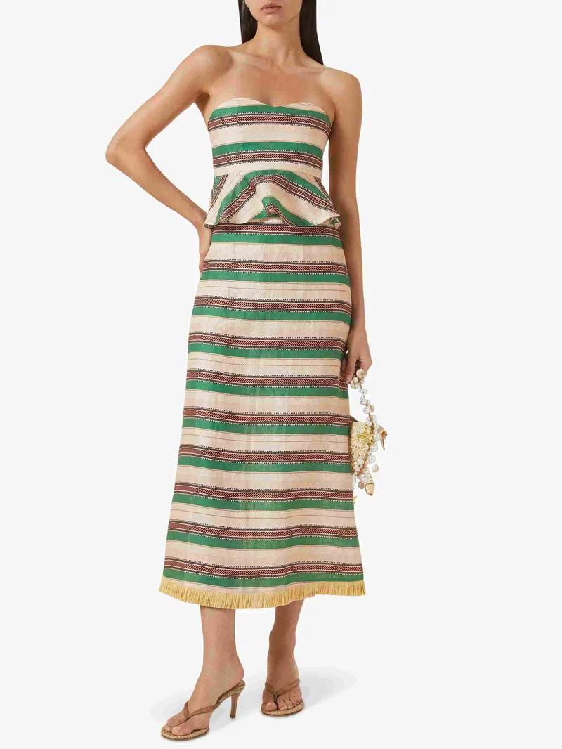 Striped Print Ruffle Hem Crop Top & Fringe Skirt Two-Piece Set