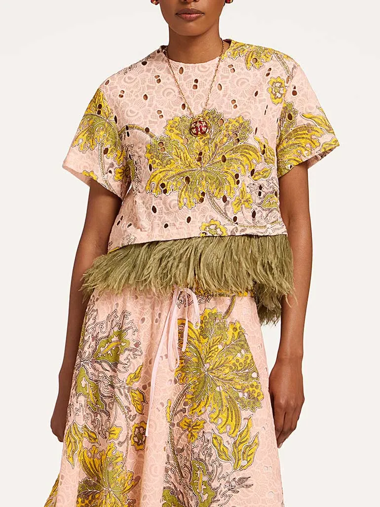 Elegant Paisley Print Feather Trim Top