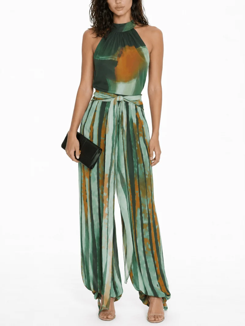Abstract Watercolor Print Halter & Pants Two-Piece Set
