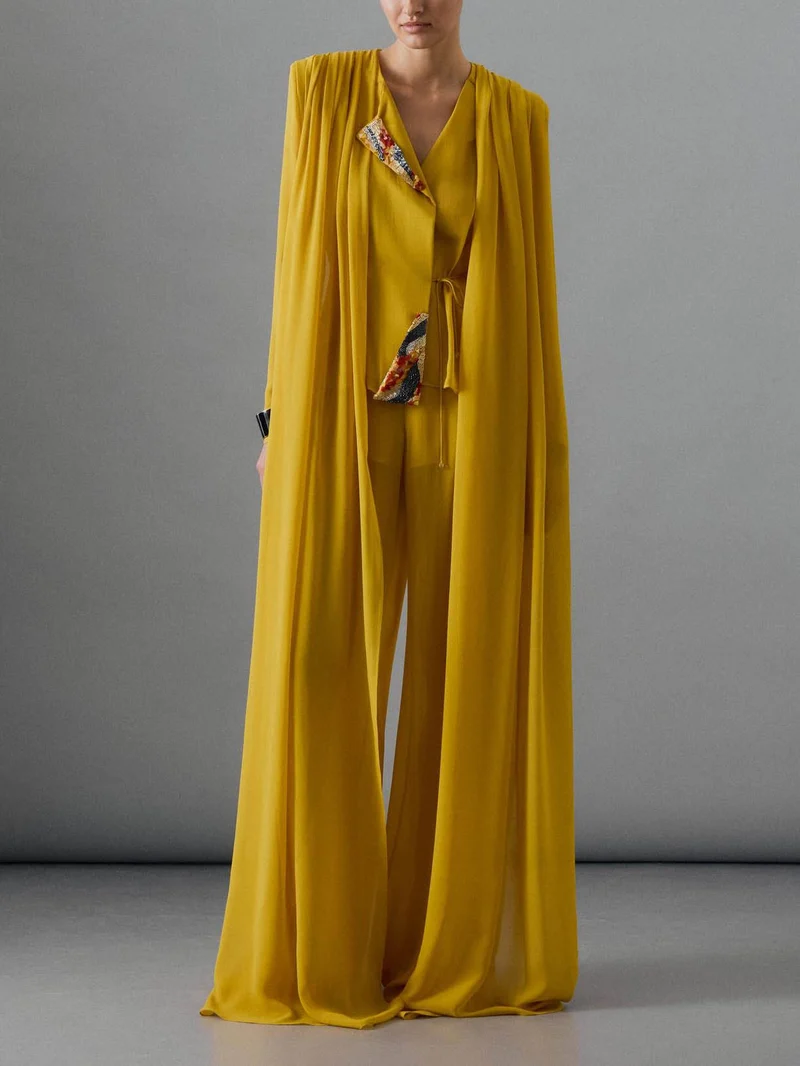 Elegant Draped Chiffon Shirt & Wide Leg Pants Two-Piece Set