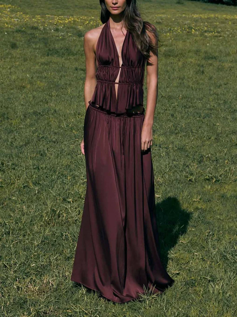 Sexy Ruched Waist Cutout Satin Two-Piece Set