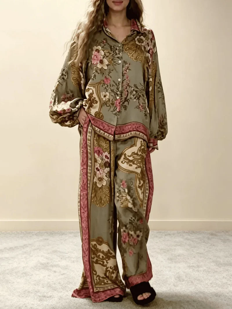Retro Floral Baroque Print Satin Shirt & Wide-Leg Pants Set