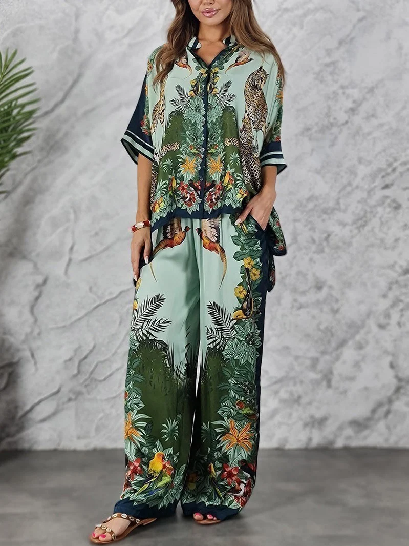 Exotic Jungle Print Batwing Sleeve Shirt & Wide Leg Pants Set