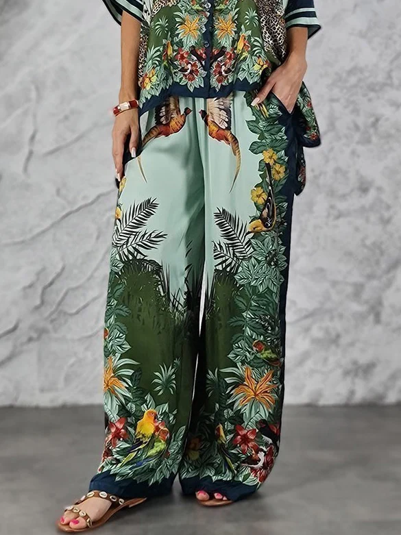 Exotic Jungle Print Wide Leg Pants