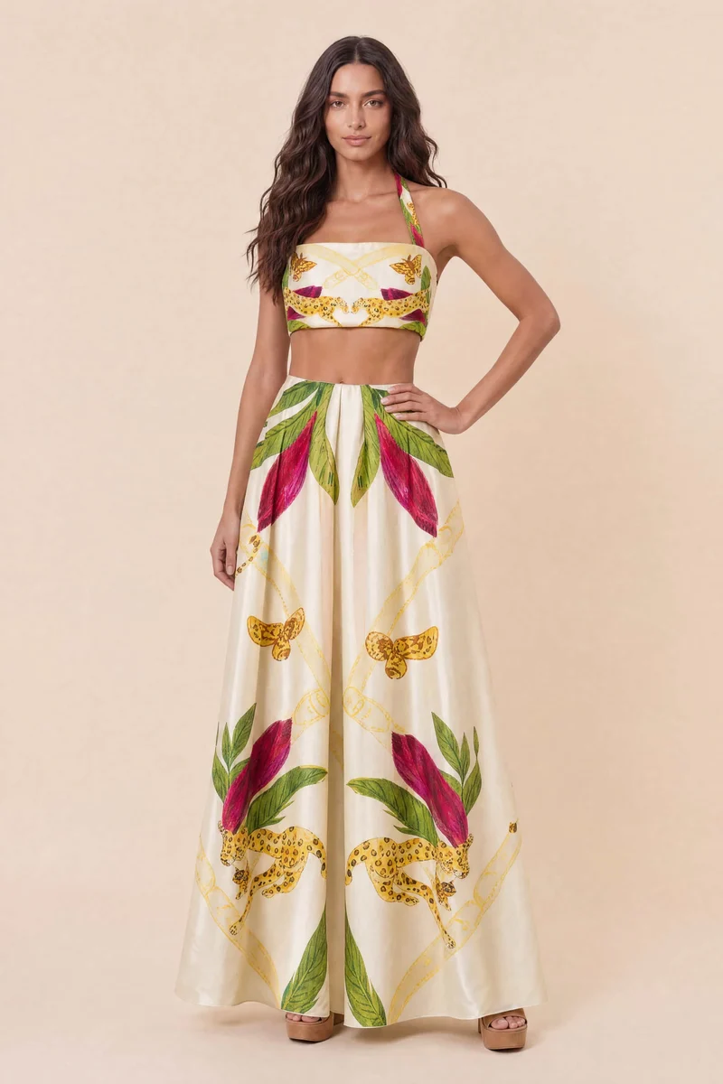 Printed Lace-Up Top And Skirt Set