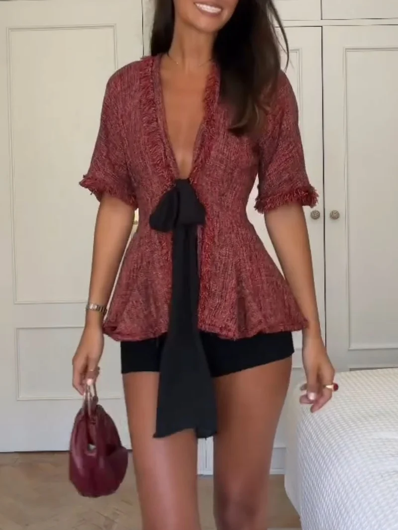 Tweed Peplum Top & Black Shorts Two-Piece Set
