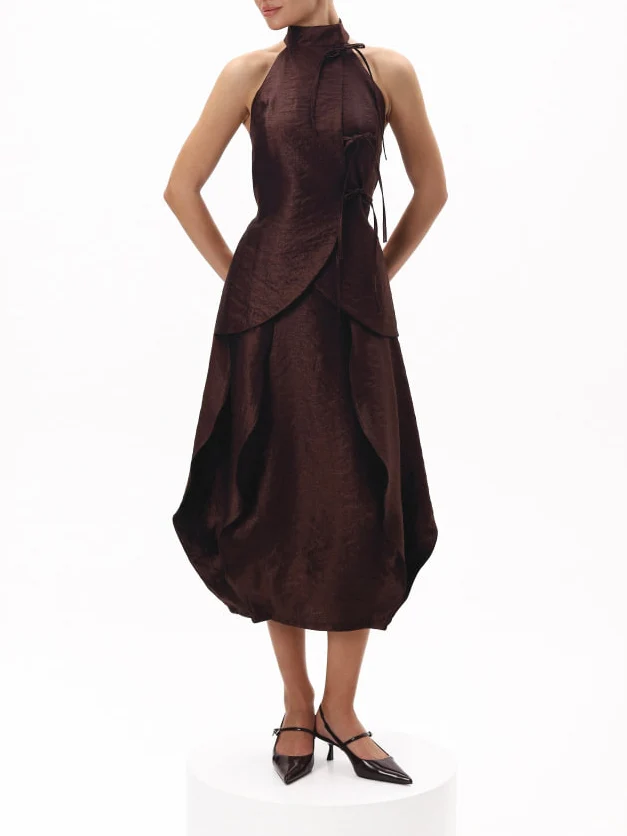 Elegant Textured Brown Halter Two-Piece Set