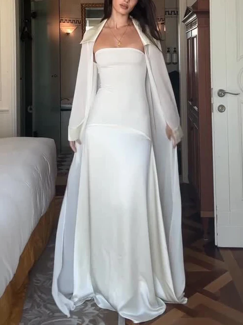 Elegant Satin Maxi Dress & Long Sheer Chiffon Cover-Up Two-Piece Set