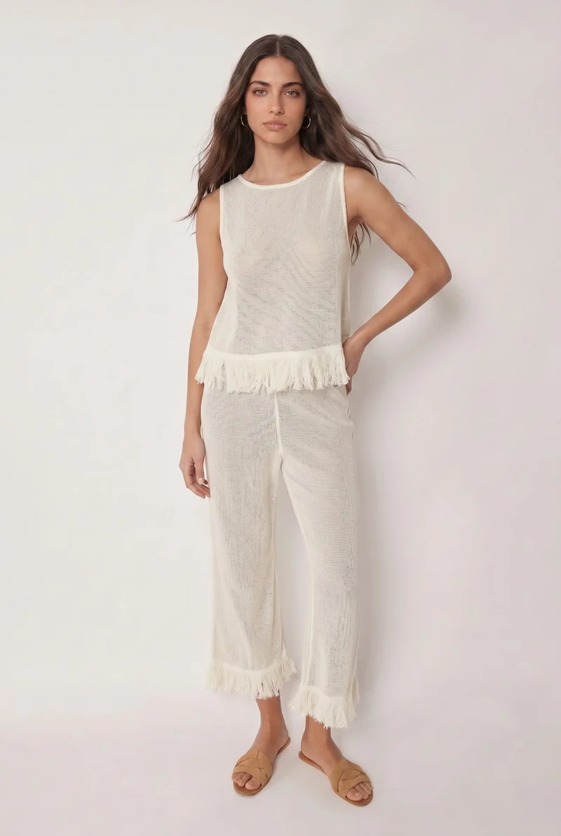 Mesh Tassel Top And Wide-leg Pants Set