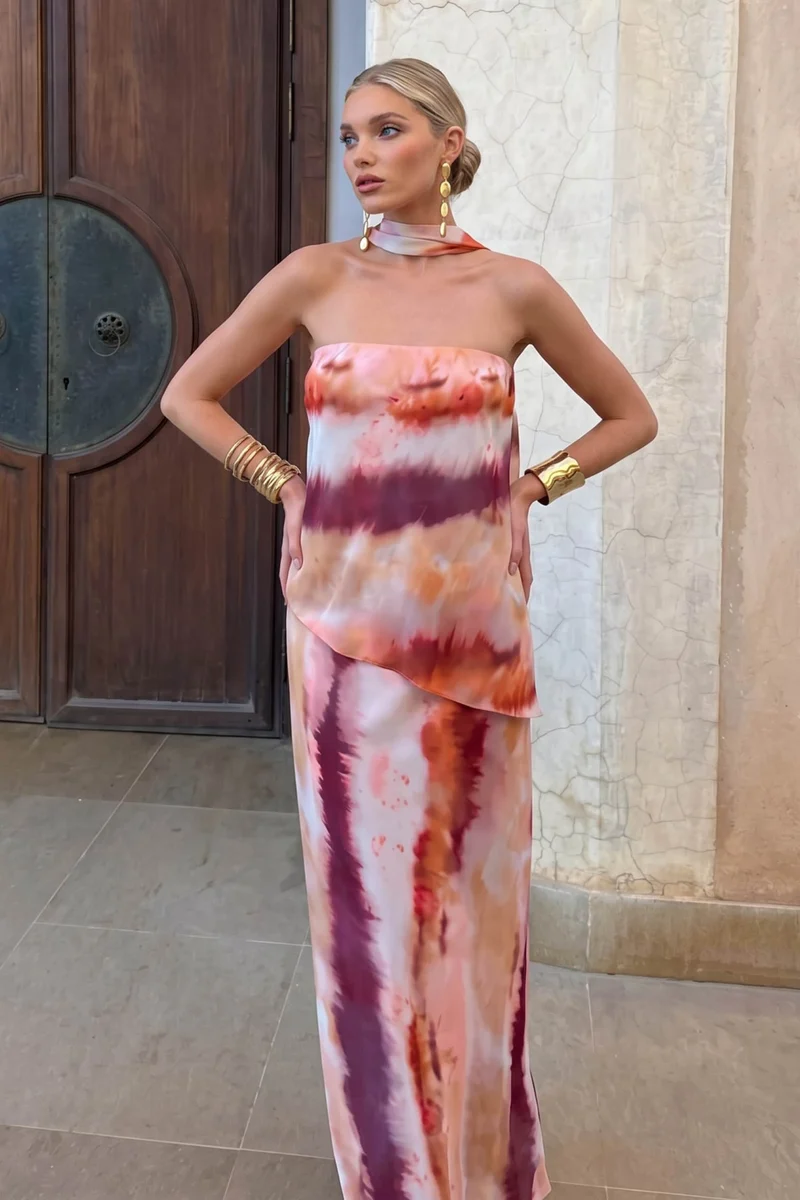 Unique Printed Sling Top And Skirt Set
