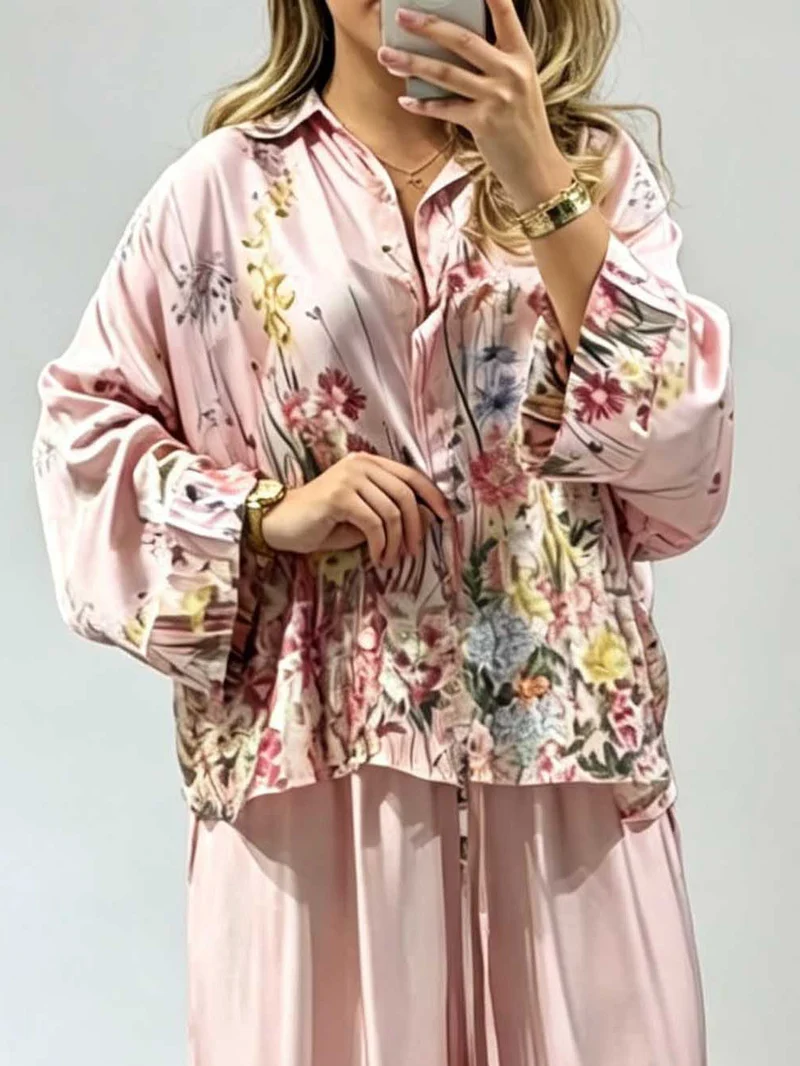 Elegant Floral Print Satin Button Shirt