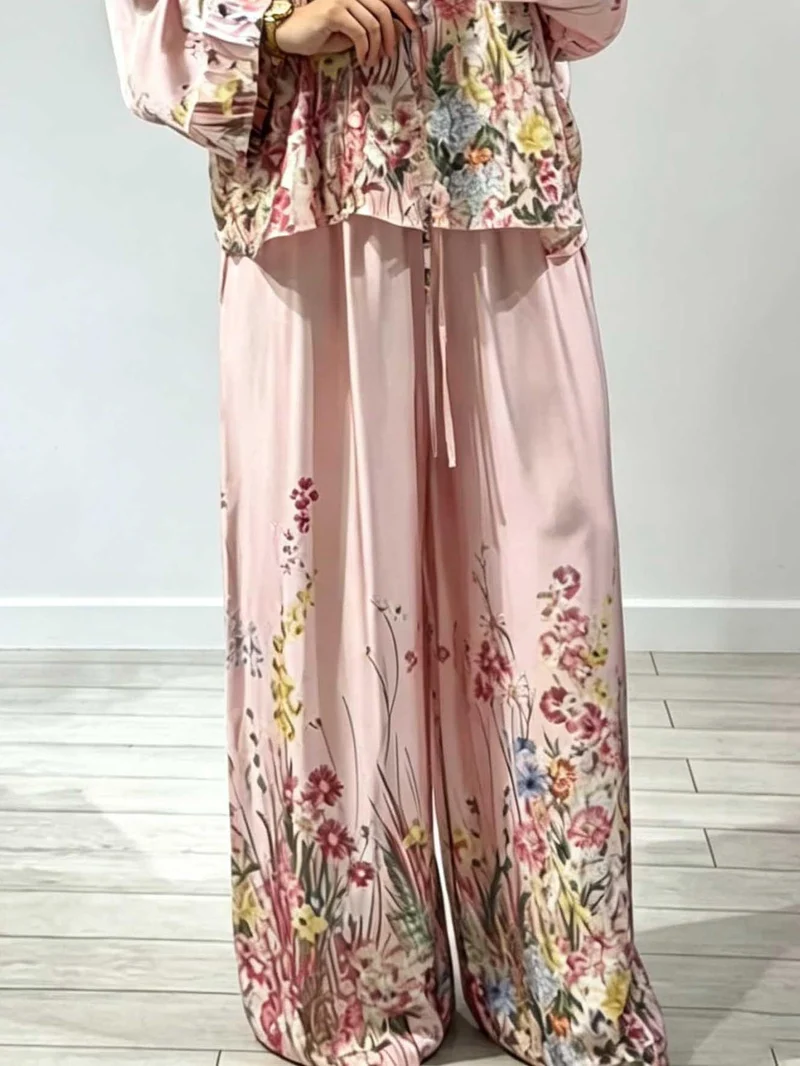 Elegant Floral Print Satin Wide Leg Pants