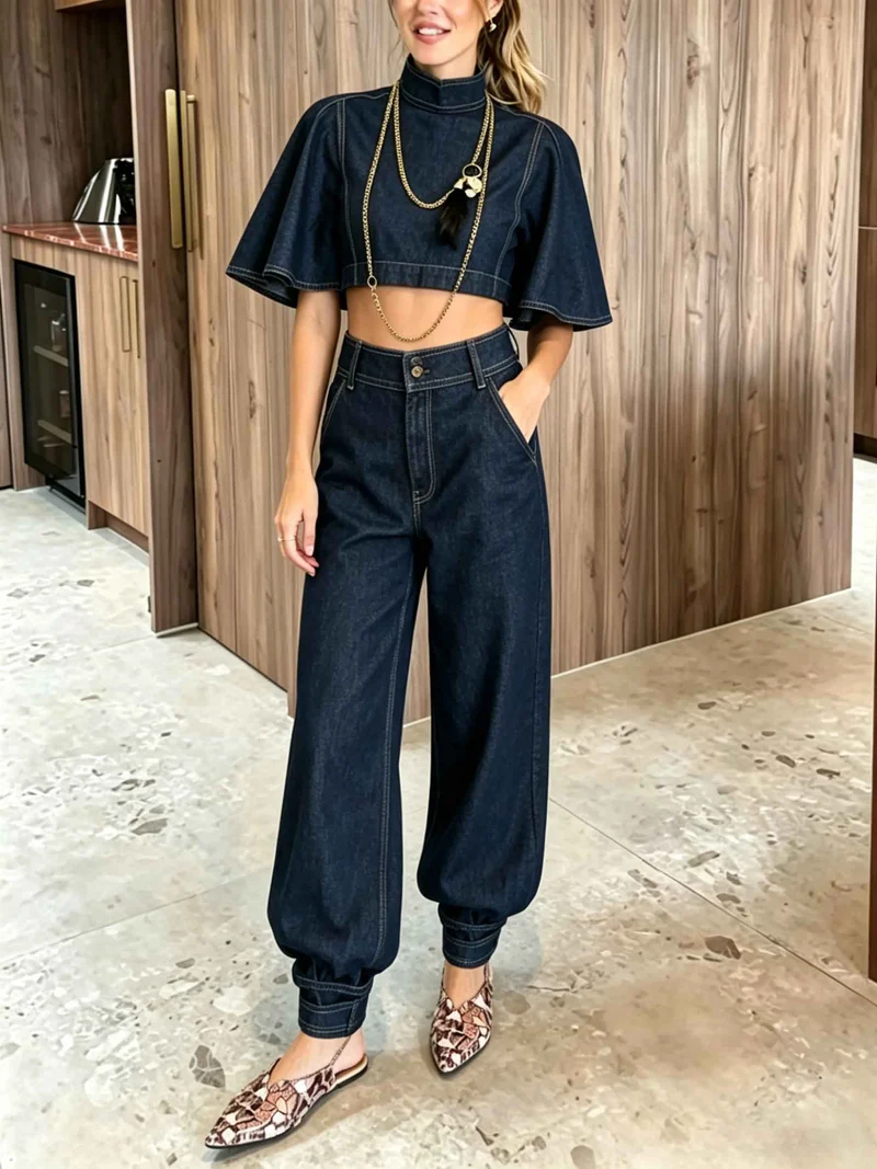 Modern Denim Cape Top & High-Waist Tapered Pants Two-Piece Set