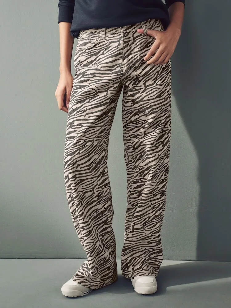 Zebra Print Cotton Wide Leg Jeans