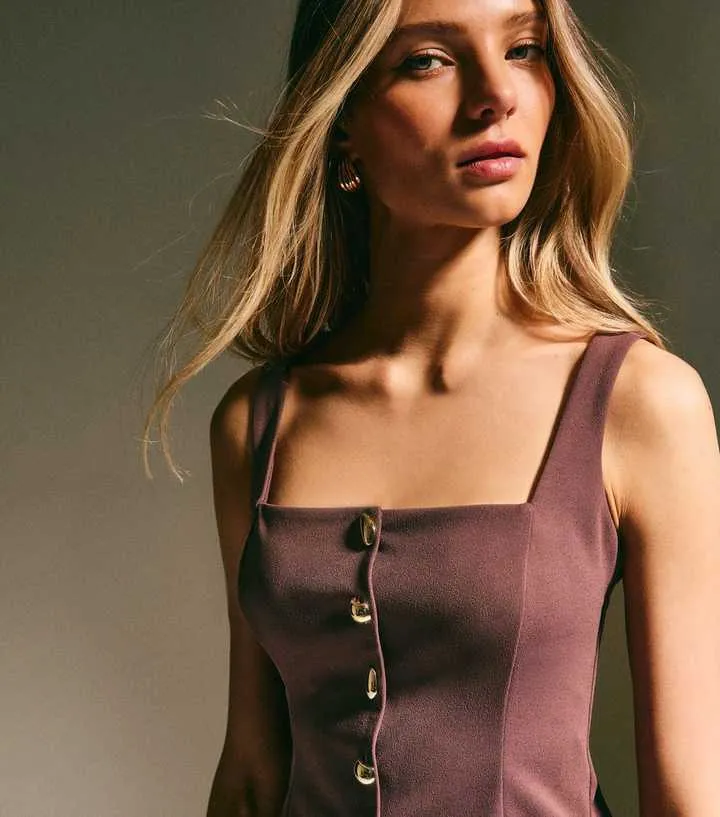 Brown Square Neck Button Up Top