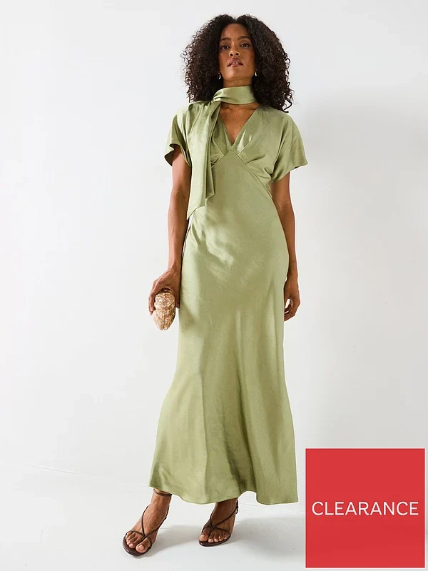 Satin Tie Neck Maxi Dress Green