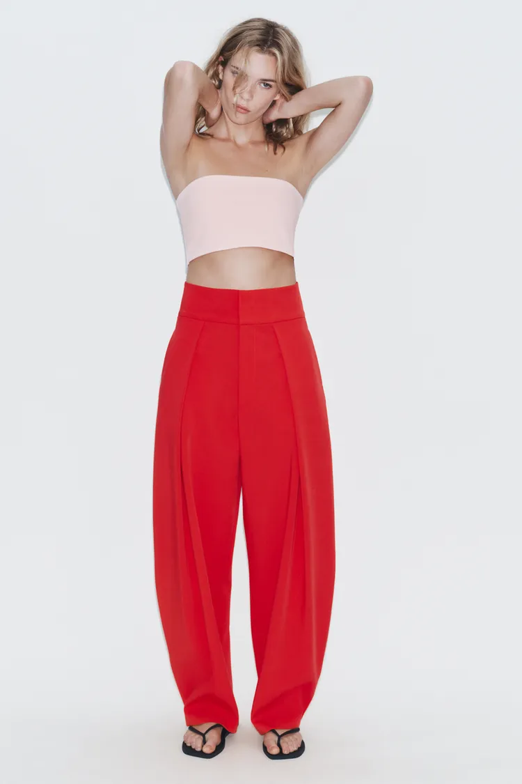 Balloon Pleated Trousers- Red