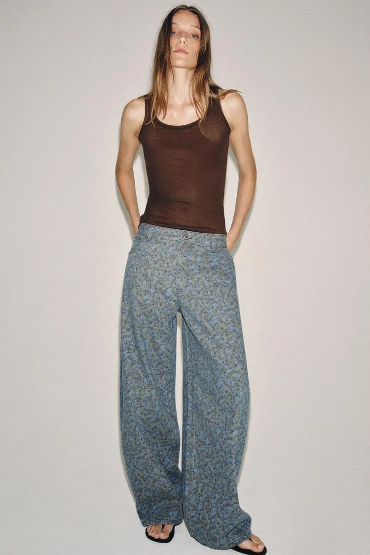 Disty Floral Print High Waist Barrel Leg Jeans