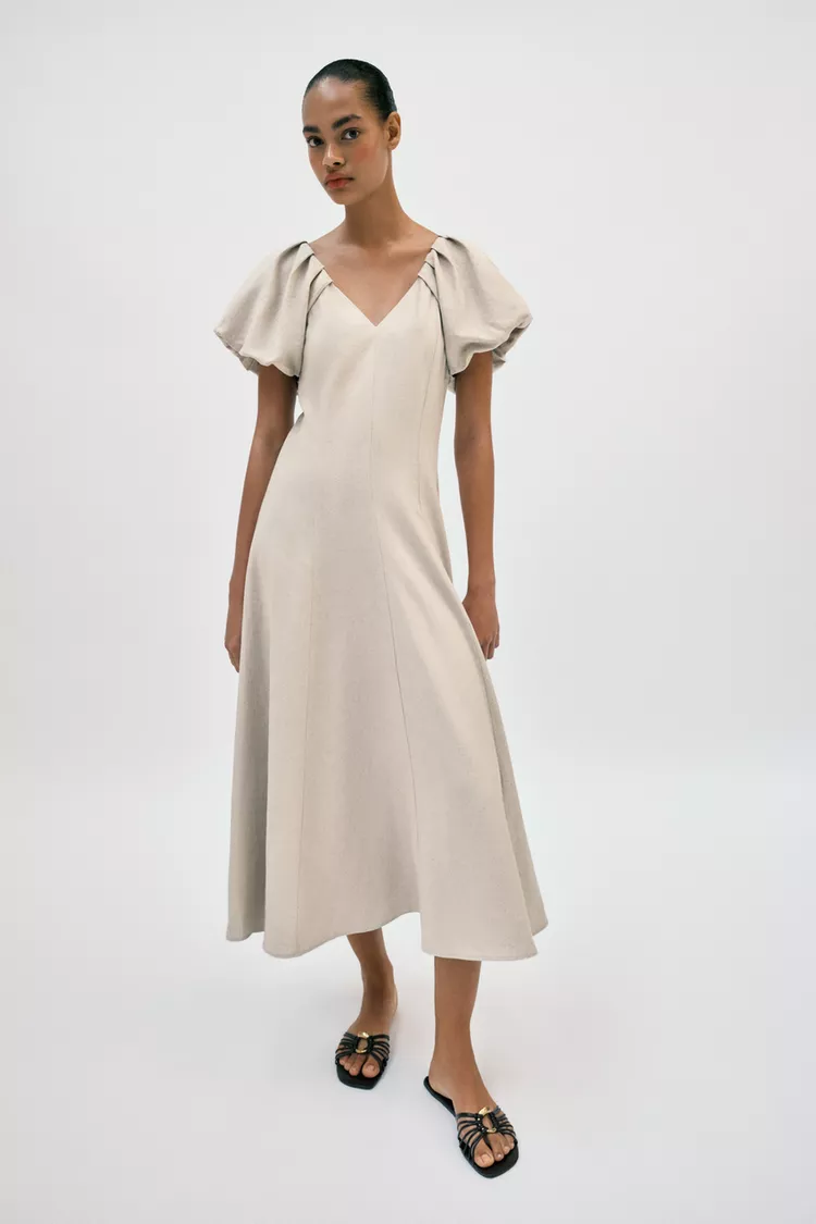 Linen Blend Puff Sleeve Midi Dress