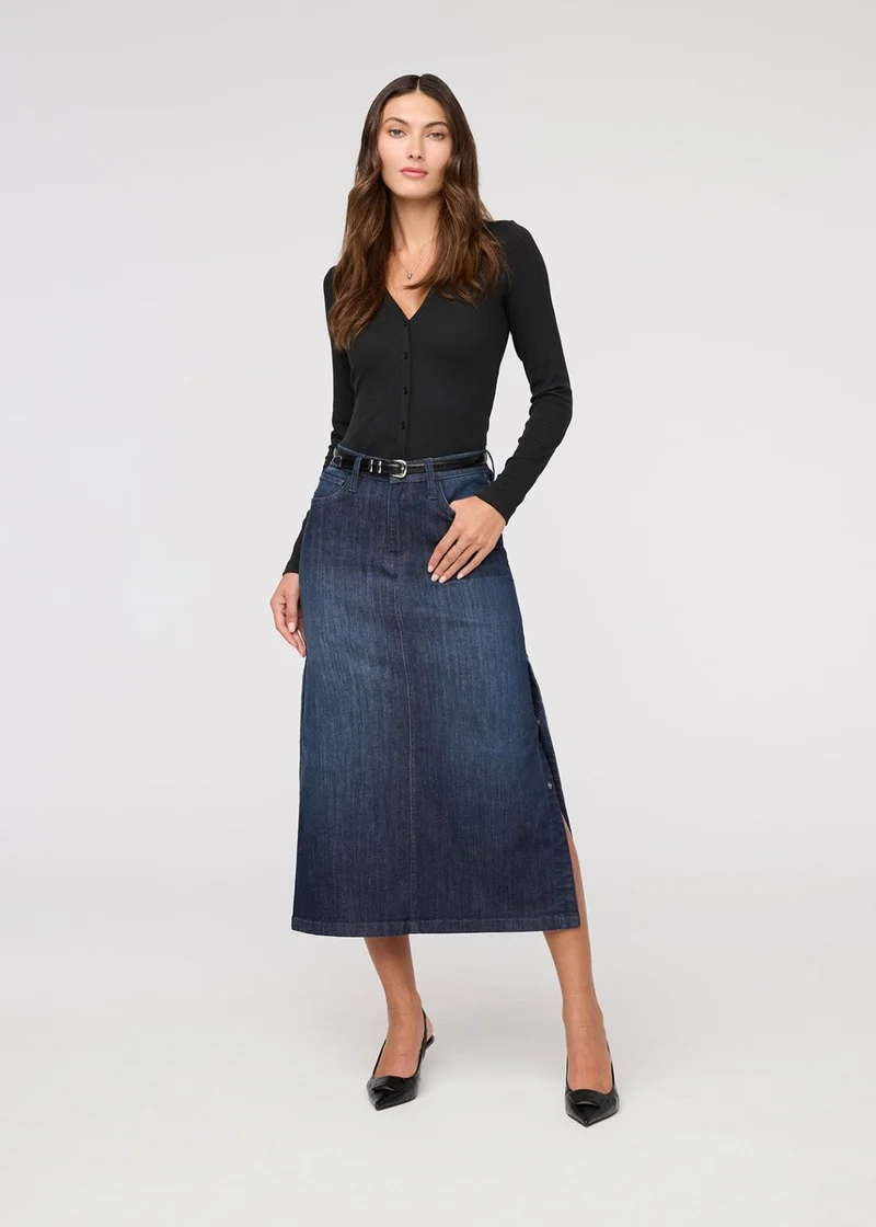 Performance Denim Slit Skirt - Dark Stone